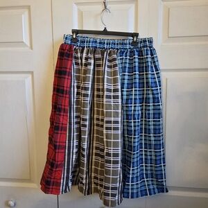 Multi-Panel Plaid Midi Skirt - Red, Olive, and Blue